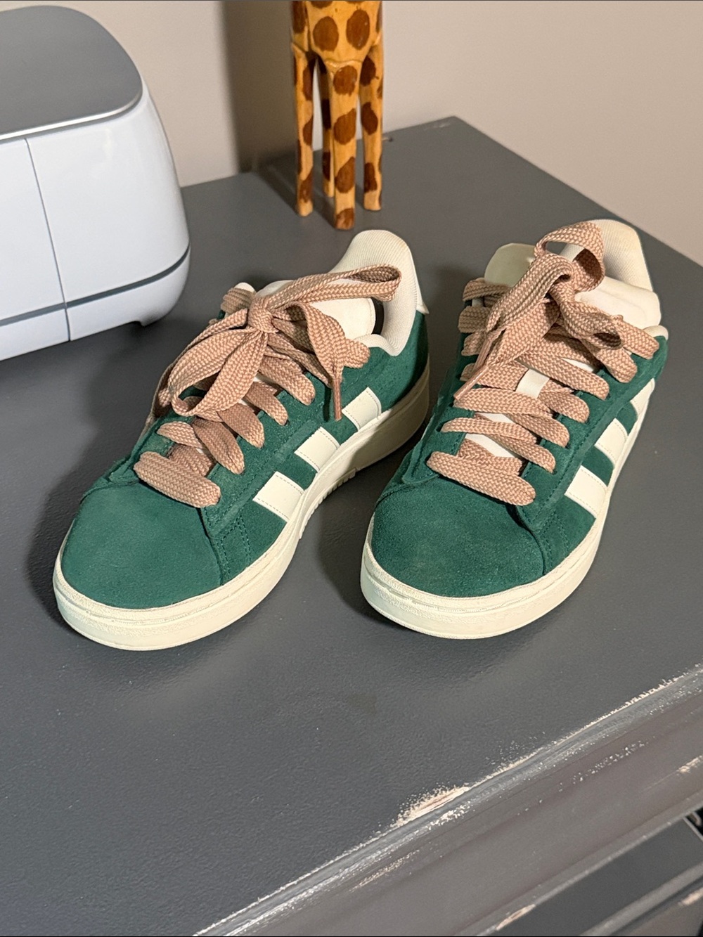 adidas Kids/ Women’s unisex Green Suede Sneakers with White Stripes